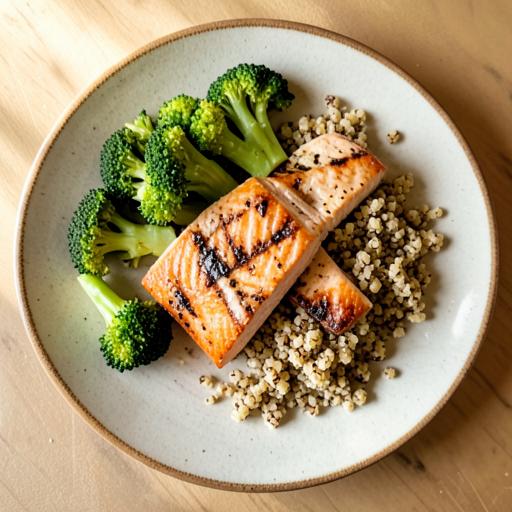 A scanned plate of salmon, broccoli and quinoa